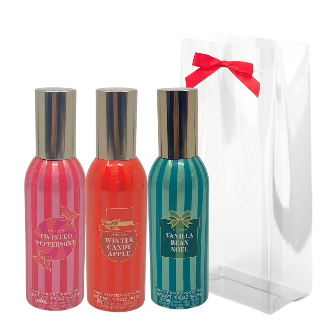 Bath & Body Works Concentrated Room Spray - Twisted Peppermint, Winter Candy Apple, Vanilla Bean Noel - Gift set with a Red Bow for Holiday & Gifts (2023 Edition)