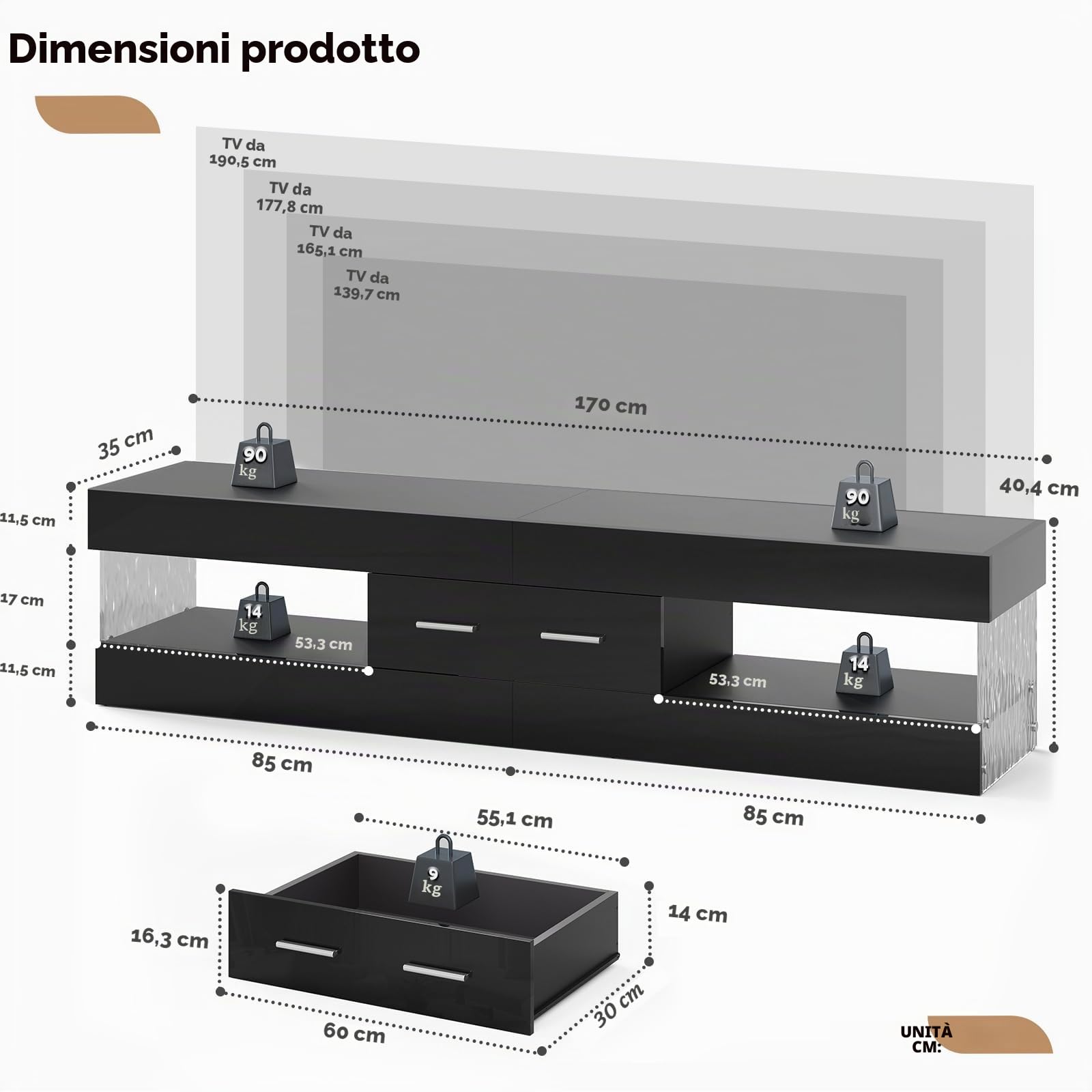 Bestier Mobile TV per TV da 75 pollici,moderno mobile TV laccato lucido,centro di intrattenimento a LED con ampio cassetto,consolle TV per soggiorno e camera da letto(nero)