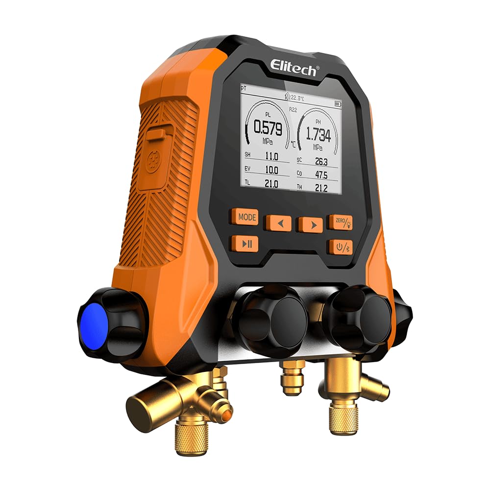 Elitech MS-870S Manometro Digitale Smart a 4 Vie, Gruppo Manometrico Bluetooth per Condizionamento, 140+ Refrigeranti, Kit Misurazione Temperatura/Pressione/Vuoto con Tubi e Pinze in Valigetta