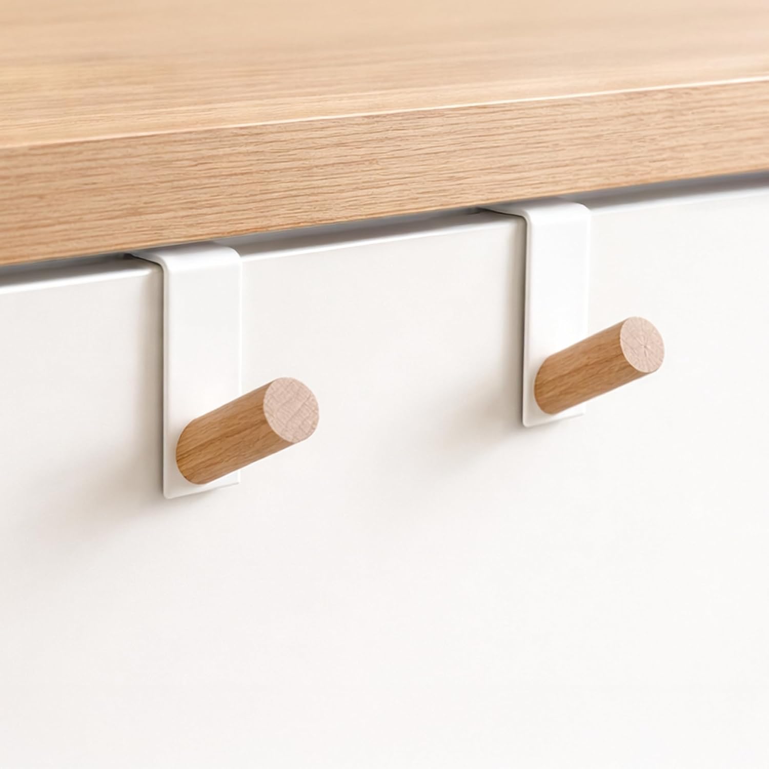 Modern Kitchen & Bathroom Cabinet Drawer Over The Door Hanger Hooks - Matte White Coated Steel and Natural Beech Wood Pegs (2 PC)