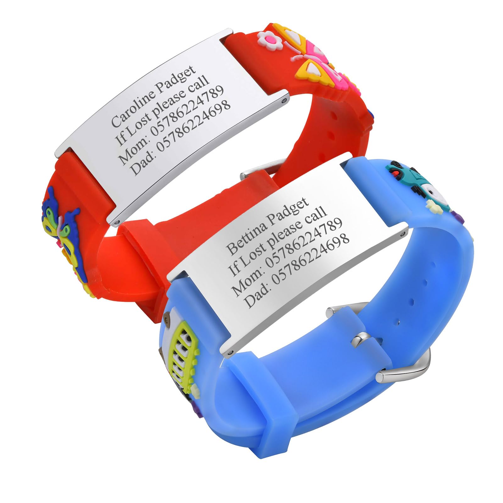 Personalised Safety ID Wristbands for Kids - Pack of 2 Customised Red and Blue Cartoon Silicone Strap Wristband, Free Engraving Child Anti-Lost Safety ID Bracelets for Kid Girls Boys Toddler — image 1