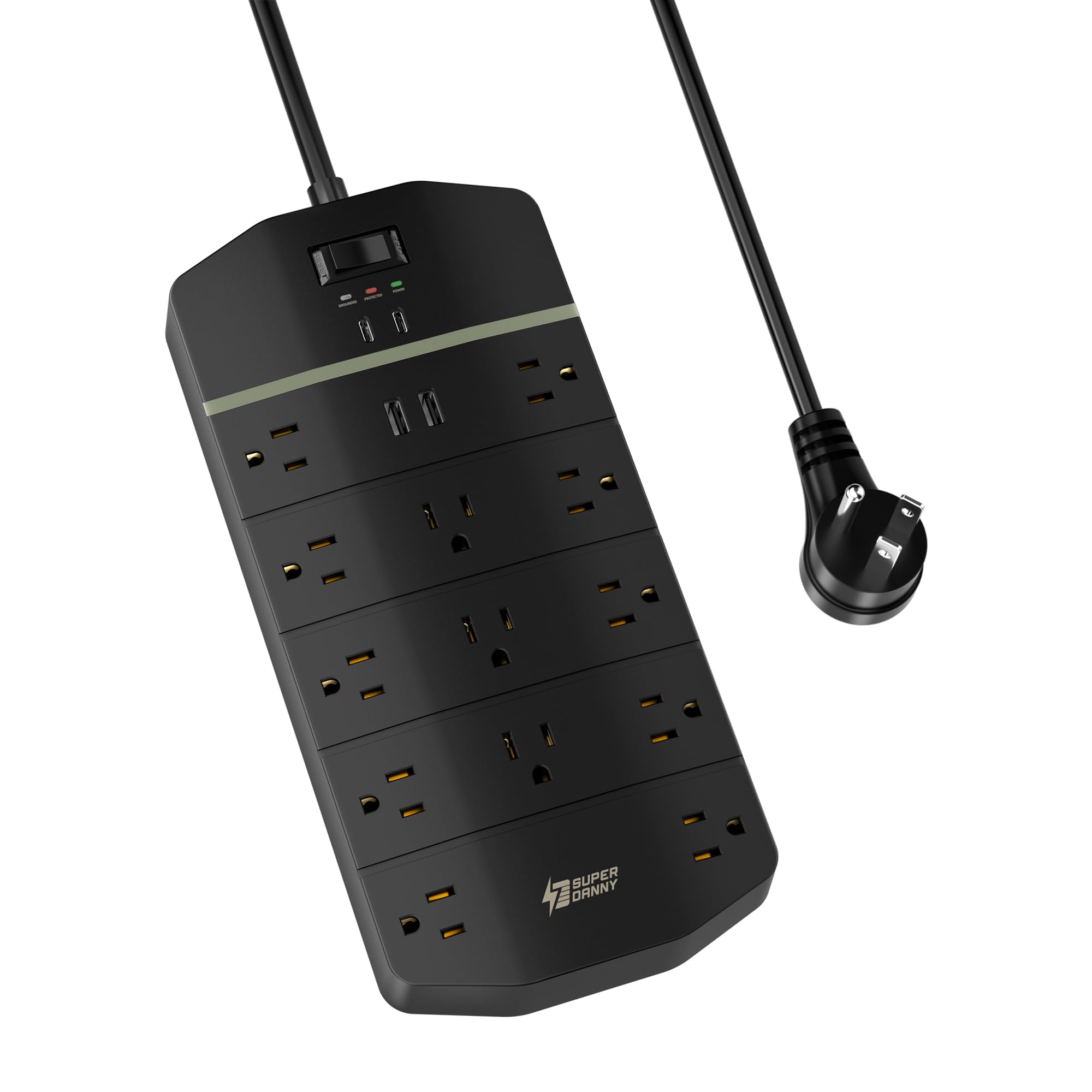 Power Strip,SUPERDANNY 5000 Joules Surge Protector with 13 AC Outlets 2 USB-A & 2 USB-C PD 20W Fast Charging Heavy Duty 14AWG/3C Industrial Grade Extension Cord for Workbench Home Office Black