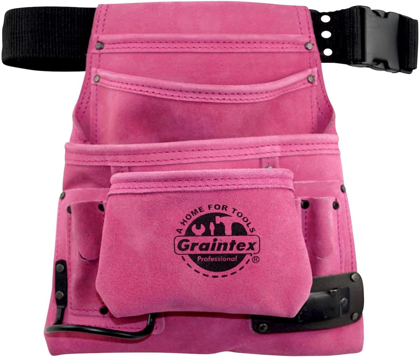 Graintex SS2034 10 Pocket Nail & Tool Pouch Pink Color Suede Leather with 2" Webbing Belt for Constructors, Electricians, Plumbers, Handymen