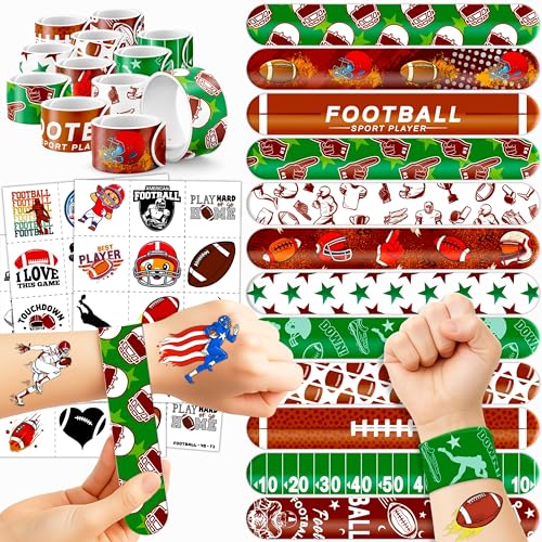 Image of 72PCS Football Party Favors - 48PCS Pre-cut Temporary Tattoos & 24PCS Slap Bracelets - American Rugby Themed Birthday Supplies, Decorations, Gifts, Classroom Prizes for Kids, Boys & Cheerleaders