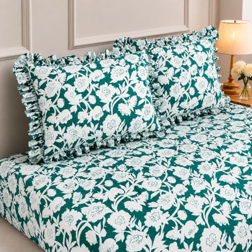Image of 380 TC Premium Glace Cotton Elastic Fitted Bedsheet King Size with 2 Pillow Covers King Size | Double Bed with All Around Elastic (GreenWhite), Fitted - 72 inchx78 inch King