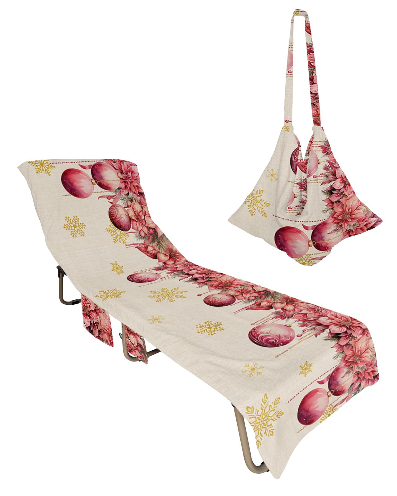 Red Pink Christmas Balls Beach Lounge Chair Towel Cover, Soft Chaise Lounge Towel with Side Pockets Patio Pool Chairs Cover for Beach/Pool Sunbathing 29x85 Xmas Poinsettia Yellow Snowflake Rustic