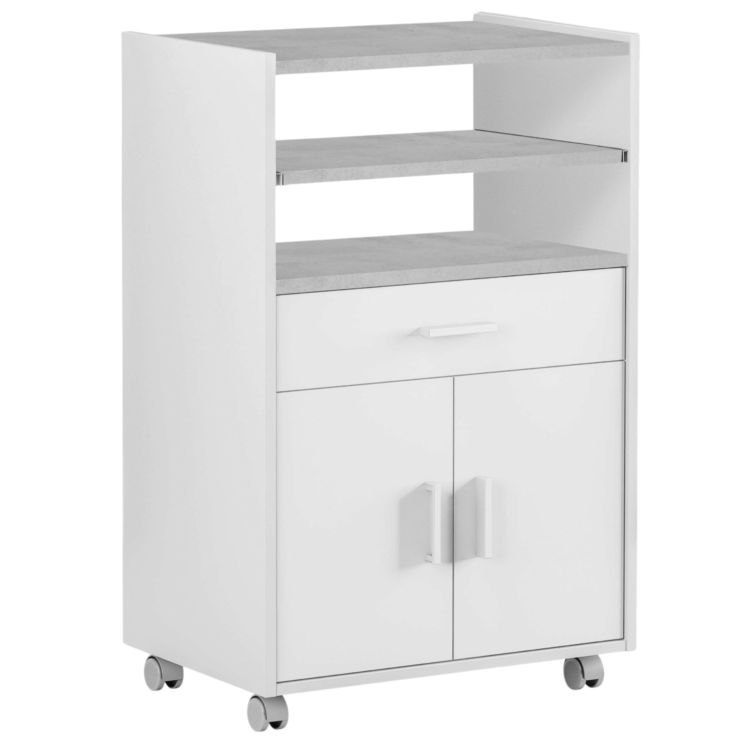 Habitdesign Armadietto ausiliario per microonde, tavolo da cucina con cassetto e due ante, colore bianco e cemento, misure: 92 cm (altezza) x 59 cm (larghezza) x 40 cm (profondità)