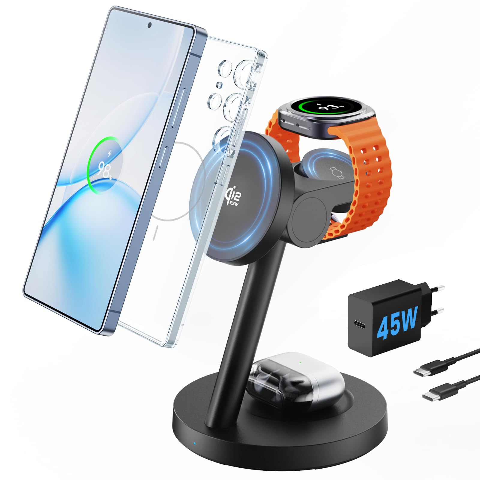 Qi2.2 25W Magnetisch Induktive Ladestation für Samsung - JoyGeek 4 in 1 Fast Mag-Safe Ladegerät für Galaxy S26/S25/Ultra/Z Fold 8/Flip,Wireless Charger für Watch 8/Ultra/7/6/5, für Galaxy Buds 4/3 Pro