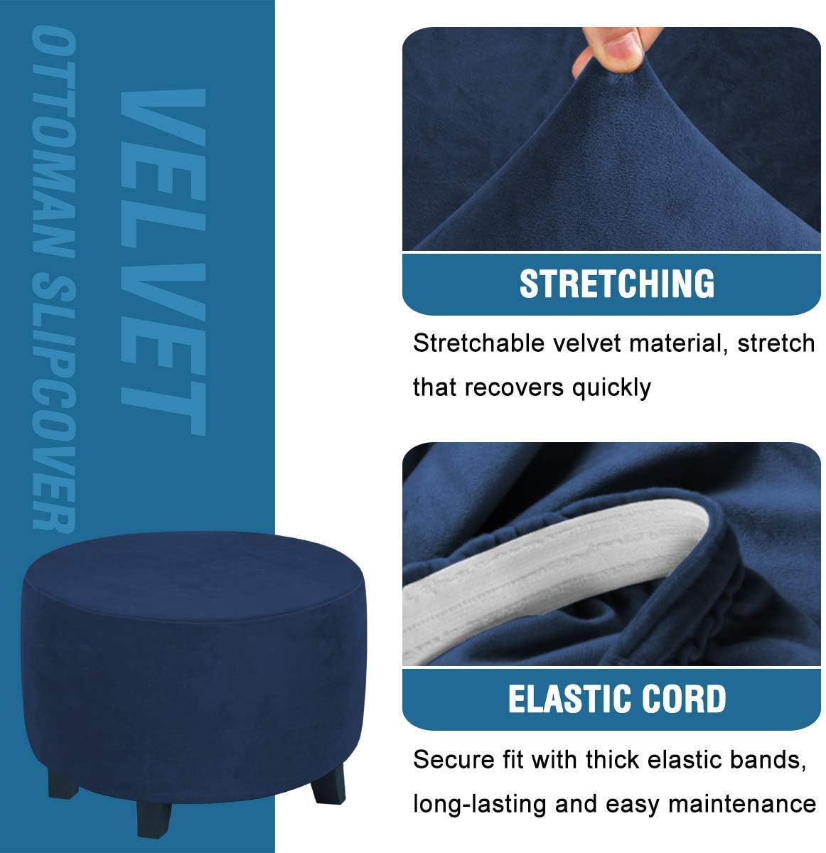 H.VERSAILTEX Velvet 4 Piece Sofa Slipcover for 3 Cushion Couch, Navy Bundles Round Ottoman Slipcover (X-Large, Navy)