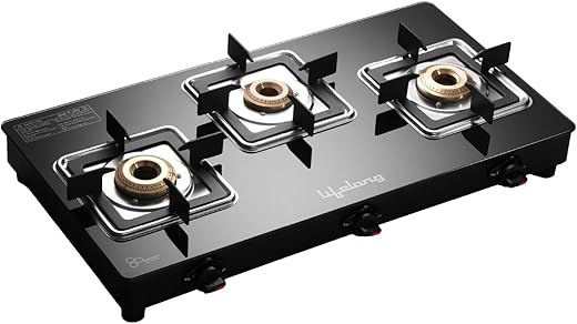 Lifelong 3 Burner Gas Stove for Kitchen | Square Shape Pan Support Manual Ignition Cooktop | Modern Glass Stove for Modular Kitchen, ISI Certified…