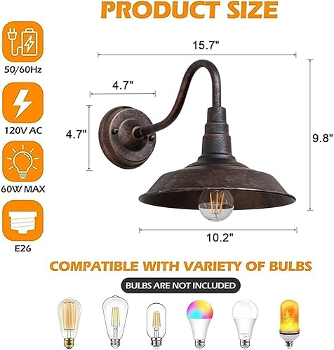 Miniatura 6 de Paquete de 3 lámparas de granero de cuello de cisne para exteriores, estilo retro, de 10 pulgadas, lámpara de pared exterior de hierro, cúpula de