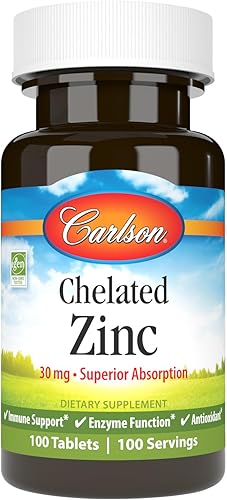 Carlson - Zinc quelado, 30 mg - Absorción superior, apoyo inmunológico y función enzimática, antioxidante, 100 tabletas