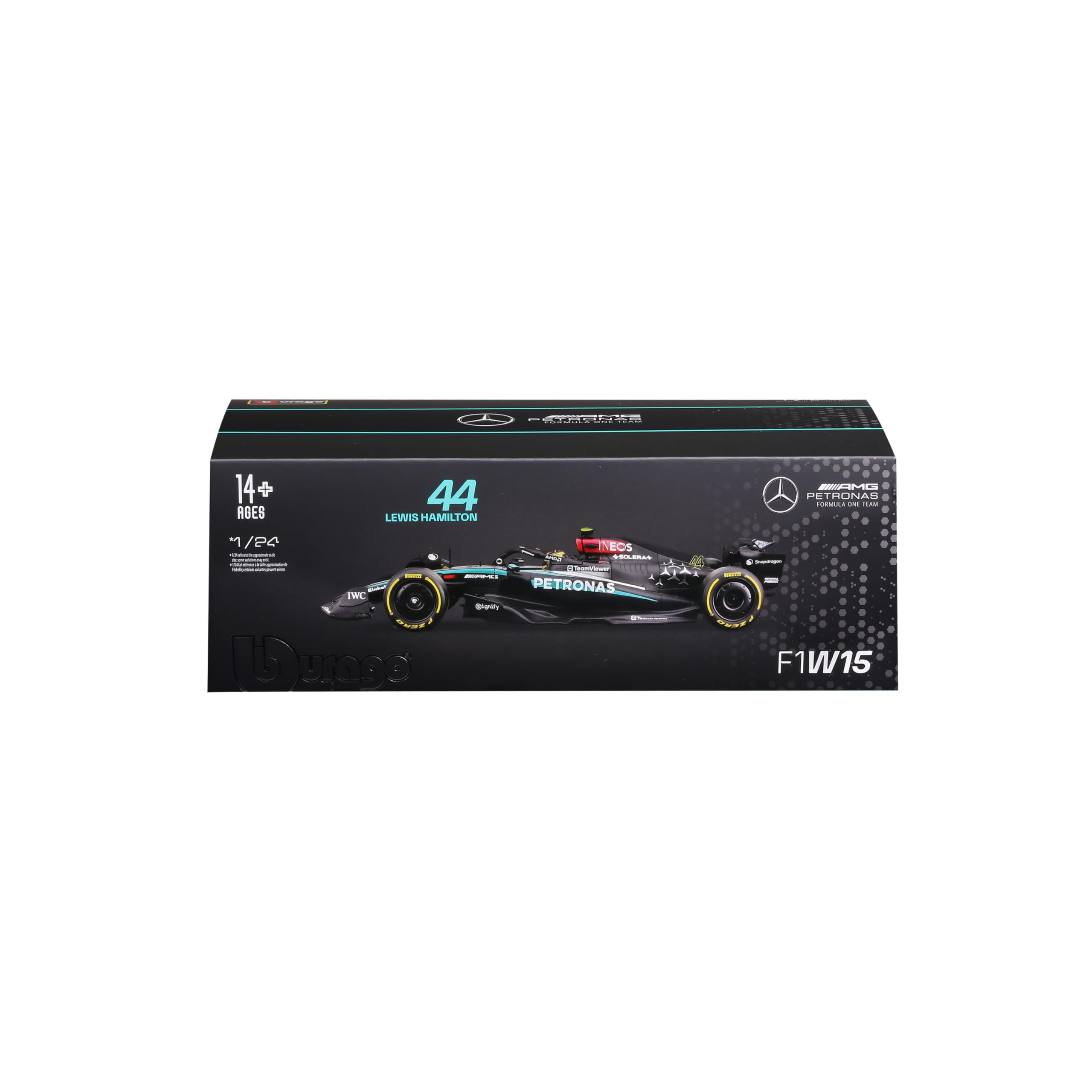 Bburago F1 Mercedes AMG W15 E #44 Hamilton (2024) - Formula 1 1:24 Scale Model Car, Faithful Collector's Car with Showcase Toy Car, Ages 14 and Up (18-28063H)