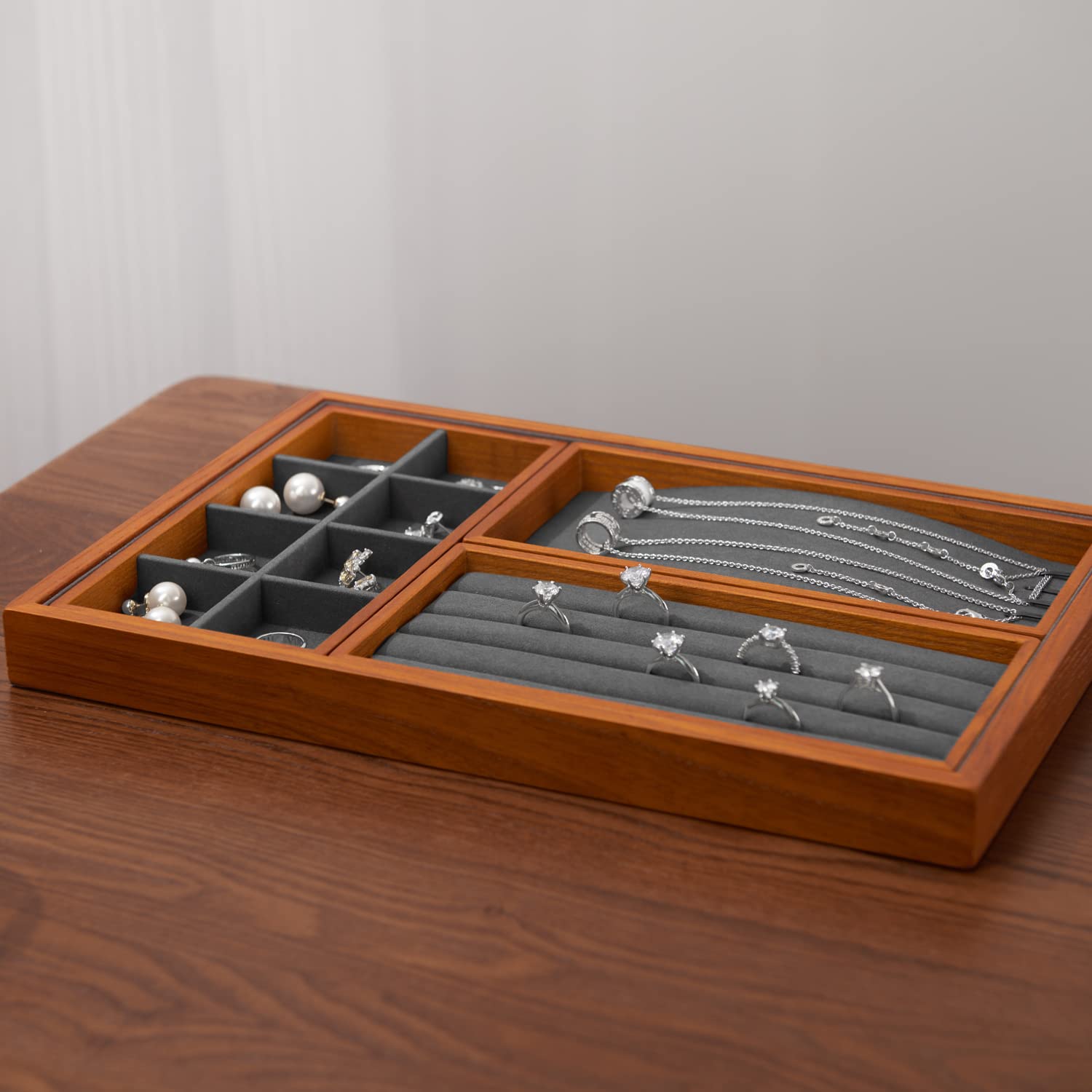 Oirlv Bandeja Apilable 4 En1 De Madera,Para Joyas, | Anillos, Pendientes,Pulseras,Collares Organizadores(Gris)