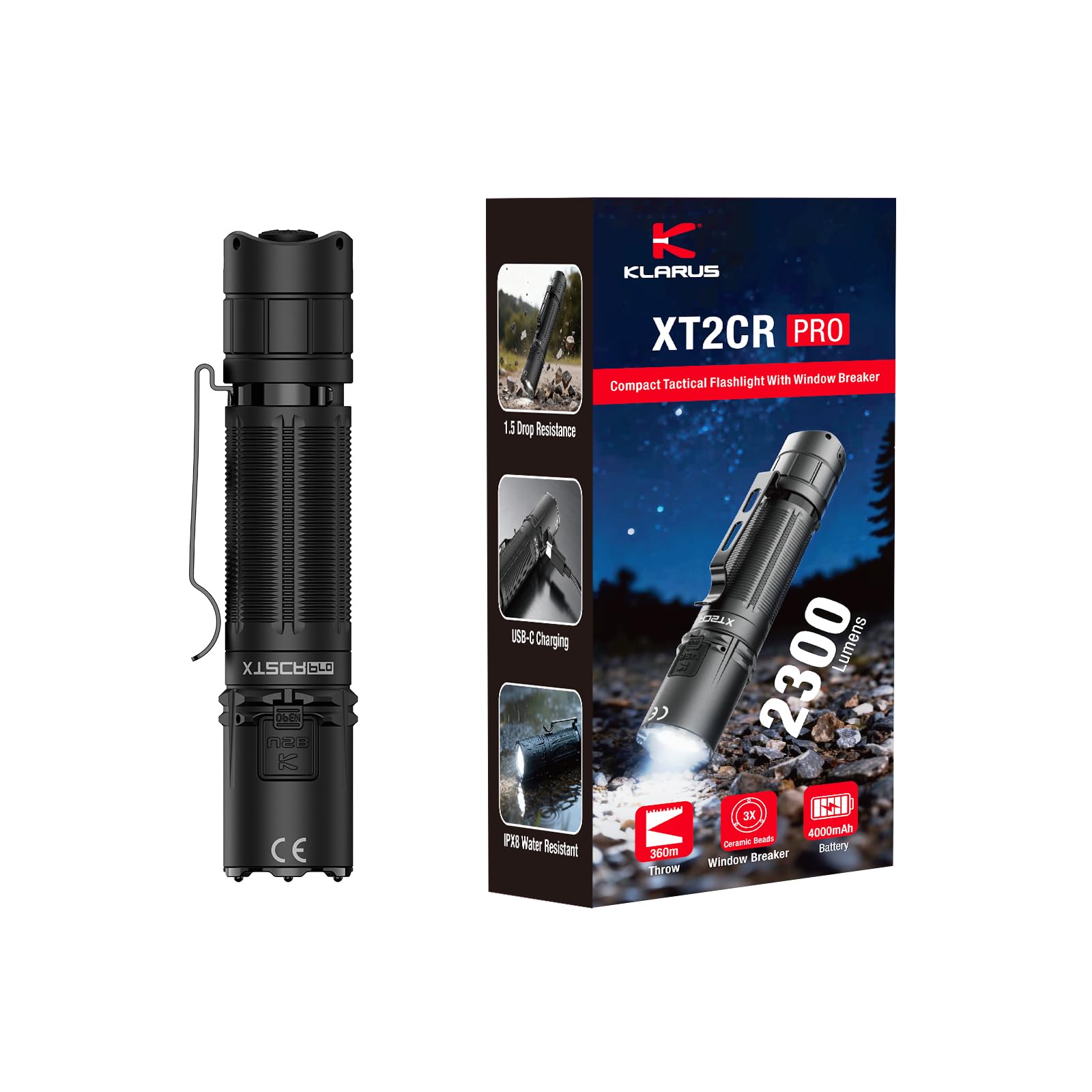 klarus XT2CR PRO Linterna táctica – 2300 lúmenes, 360 m de alcance, LED blanco puro, recargable por USB C, IPX8 impermeable, 72,5 horas de autonomía, interruptor doble en el extremo de la lámpara