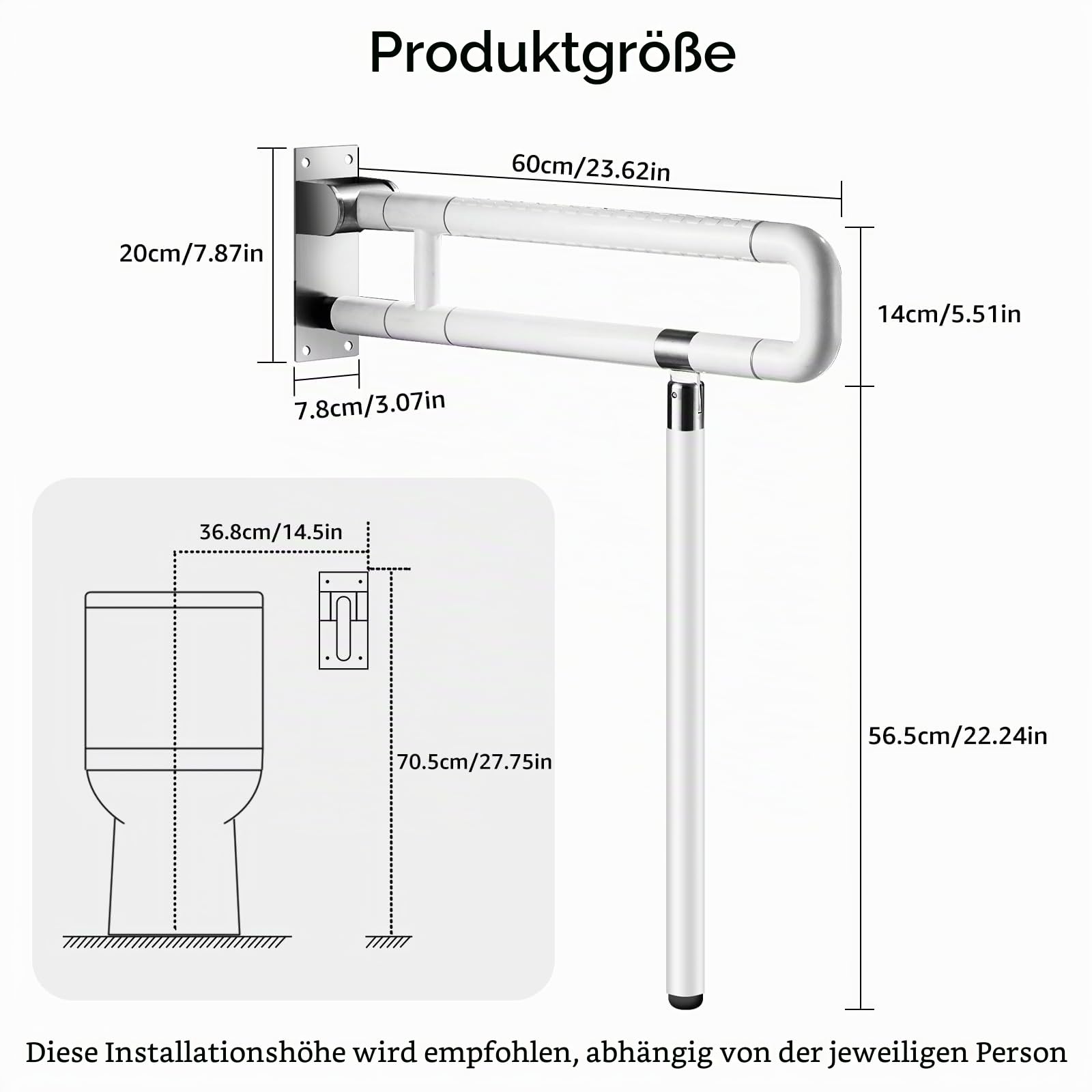 modunful Upgraded Handicap Grab Bars für Badezimmer, Flip Up Toilette - Schienen für ältere Menschen für die Wand, Anti-Rutsch-Griff Bar für die Toilette, leuchtet in der Nacht 60cm