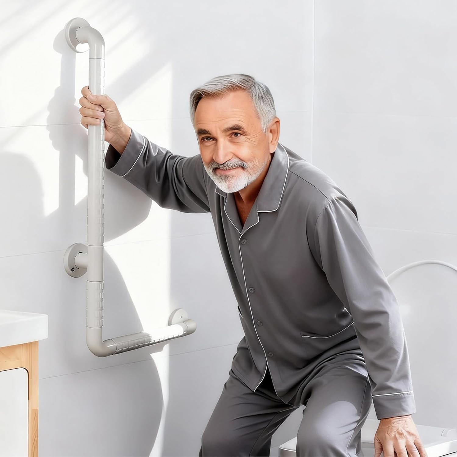 fsa eligible, l shaped grab bar for shower, 16inch x 24inch grab bar for bathtub and shower, white safety bar with luminous rings, handicap grab bars for bathroom, stainless steel, non-slip handrail 16inch x 24inch standard
