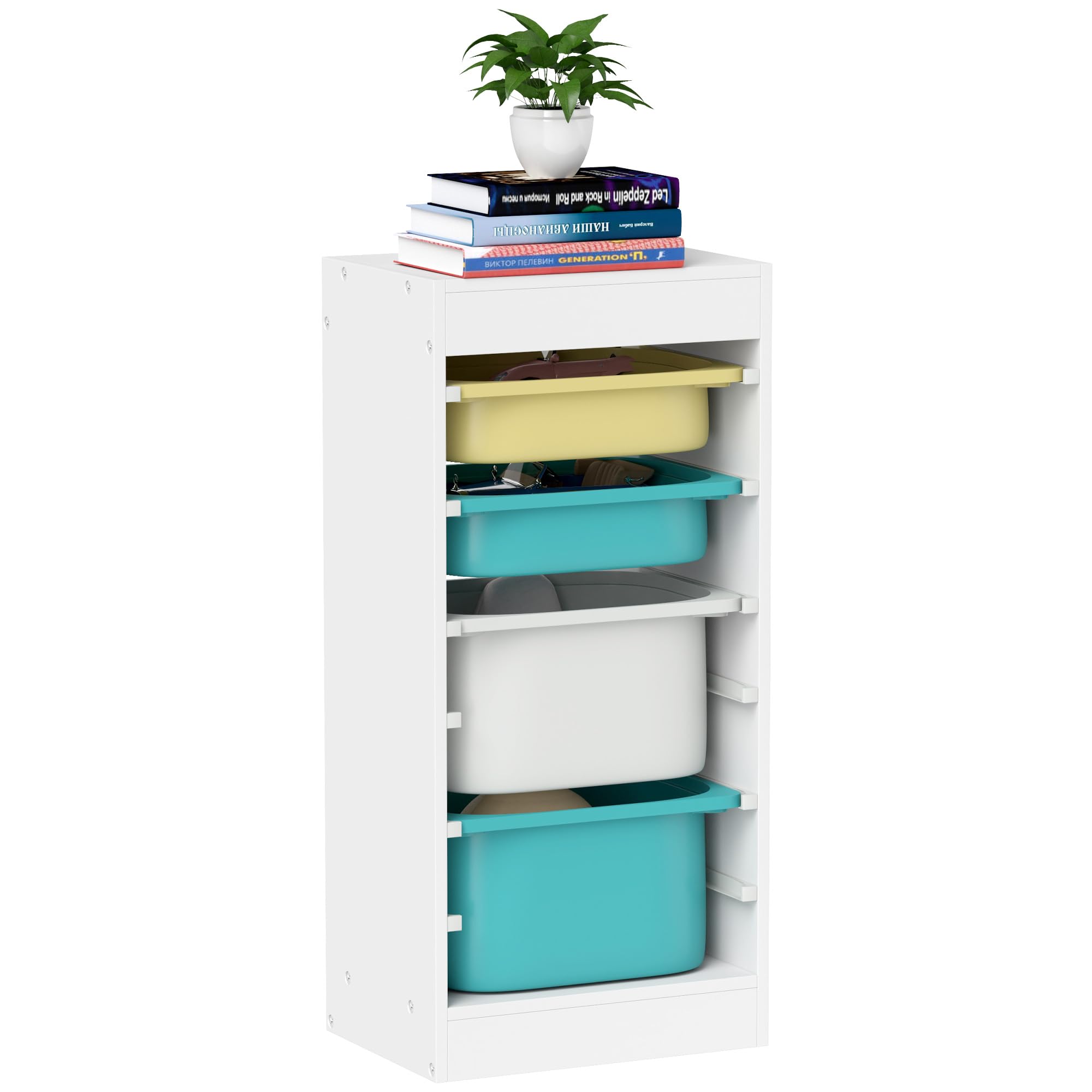 Scaffale Per Giochi Bambini Con 6 Scatole E 2 Box Con Ruote - Motivo Supereroi, Legno Bianco - Foto 12