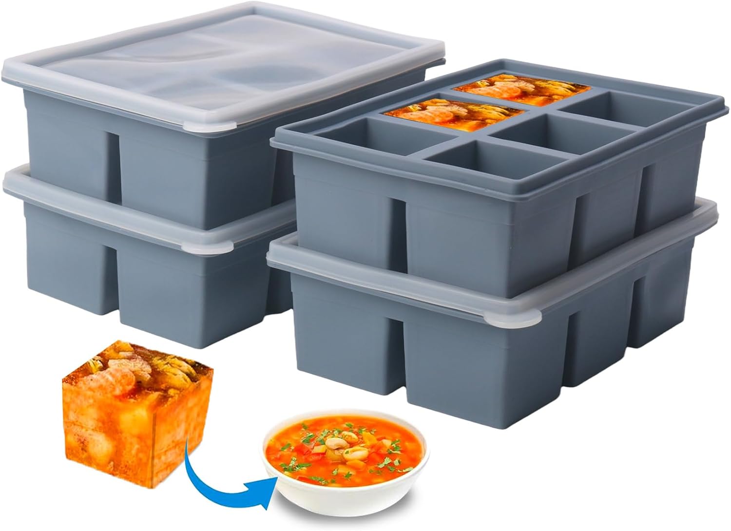 1/2 Cup Silicone Freezer Tray With Lid - Silicone Freezer Molds 4-Pack For meal prep & freezing of various sauces and other dishes, makes 24 perfect 1/2 cup portions cubes (Blue 4 Pack)