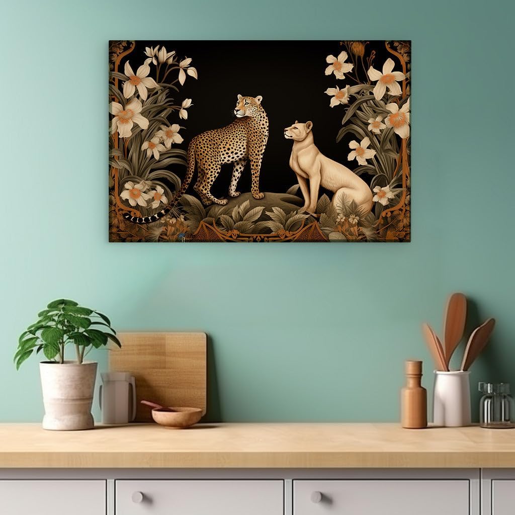 Canvas for Living room. Majestic Felines in Harmony: The Art of the Leopard and Lioness in a Lush Floral Embrace, 27 x 18 inch Canvas Wall Art - Ready to Hang - 69x46 cm (27x18 inch)