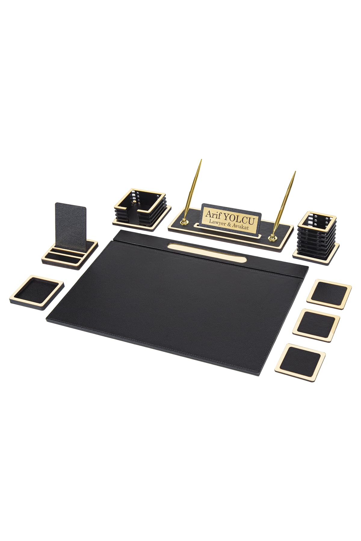 Vesta Bonded Leather Executive Desk Set – 10-Piece Luxury Desk Organizer with Desk Mat, Name Plate, Pen Set & Office Accessories (Wood & Leather Design)