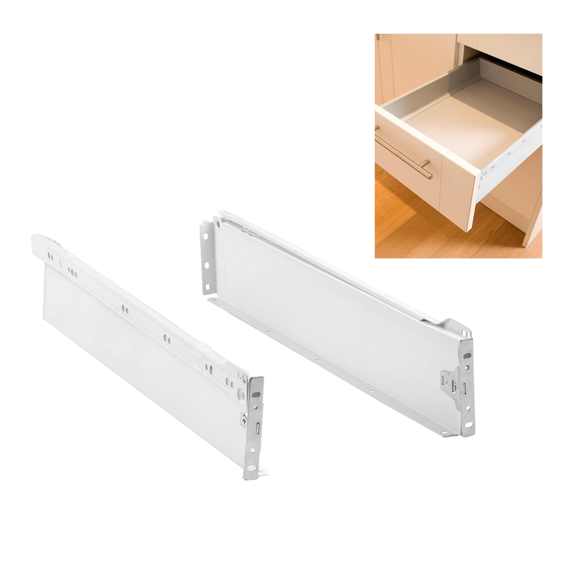 Amig - Set of 2 Metal Runners Mod.30 with Wheels and Side Panels for Furniture, Drawers, Dressers or Cupboards | White Steel | Dimensions: 86 x 400 mm