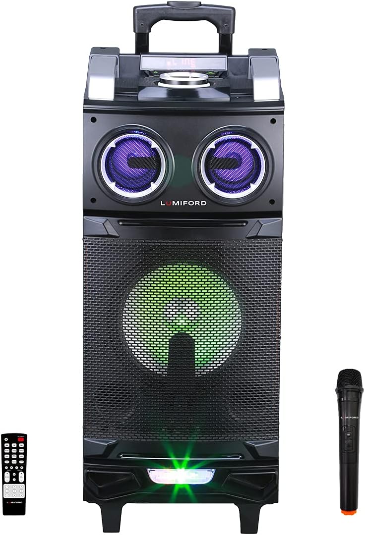 Lumiford GoFash TS002 80W Trolley Bluetooth speaker with Remote, Built-in Amplifier & Wireless Mic | Karaoke Party Speaker with LED Lights, 8 Hours* Life & Equalizers for Treble & bass Control (Black)