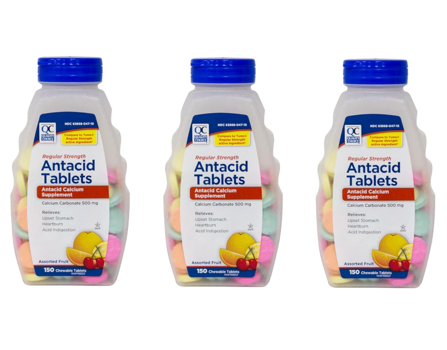 Quality Choice Antácido Mastigável com Carbonato de Cálcio 500 mg - 450 Tabletes em 3 Pacotes