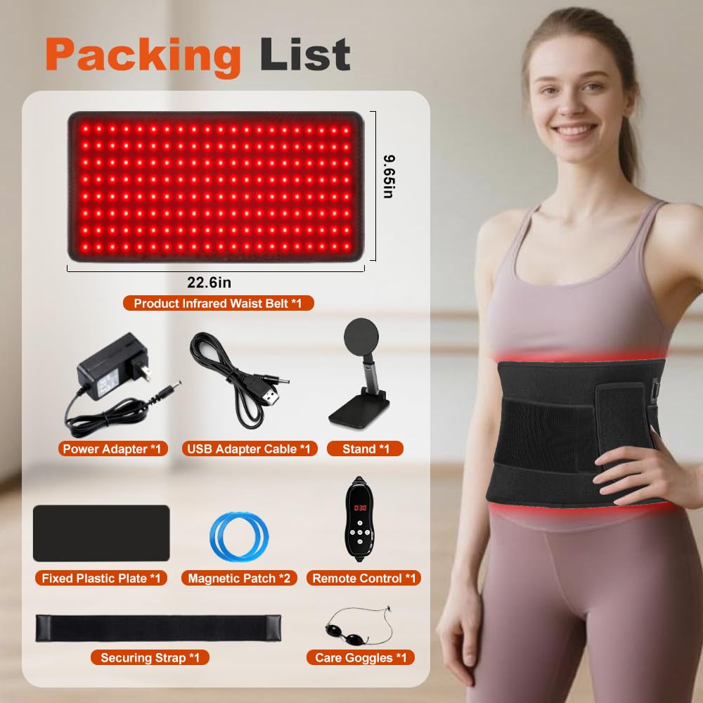 Terapia de luz roja para cuerpo con stent, almohadilla de terapia de luz roja de 22.6 x 9.6 pulgadas con envoltura para cinturón, 168 LED 2 en 1 (660 nm y 850 nm), temporizador ajustable e intensidad