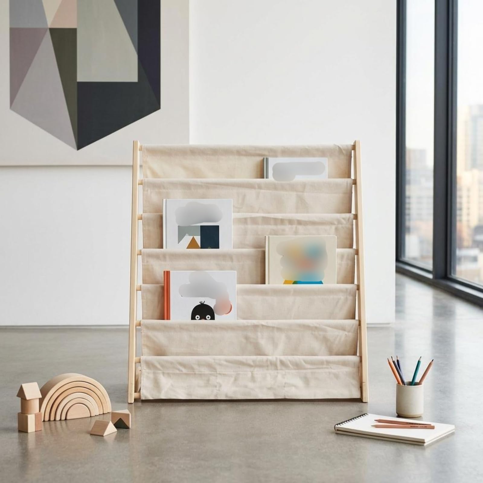 Libreria in Legno a più Ripiani Multistrato Organizzatore Libri da Pavimento Struttura Stabile Libreria Bambini per Angolo Lettura, Piccolo, Bianco Riso