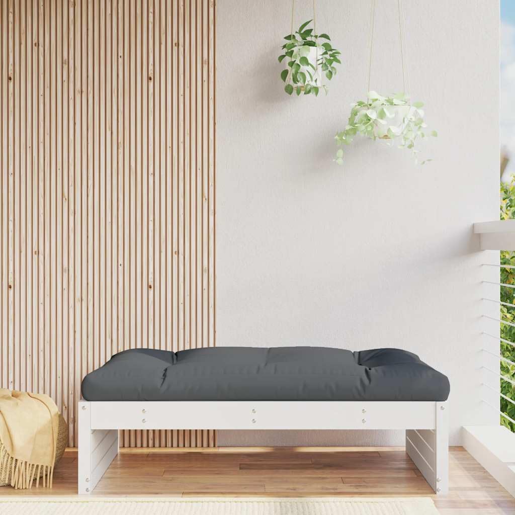 Tabouret de jardin blanc 120x80cm en pin massif avec grand coussin rembourré