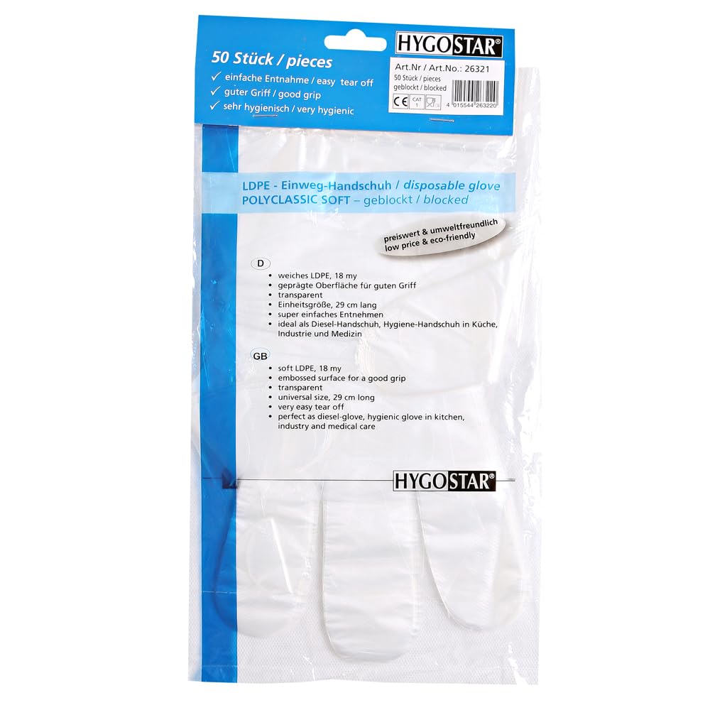 5000 Stück LDPE-Handschuhe, FRANZ MENSCH, L, transparent, geblockt | Hygostar, Polyclassic Soft, 29 cm Länge, Einweghandschuhe, Einmalhandschuhe, Transparenthandschuhe, Tankstelle, Küche
