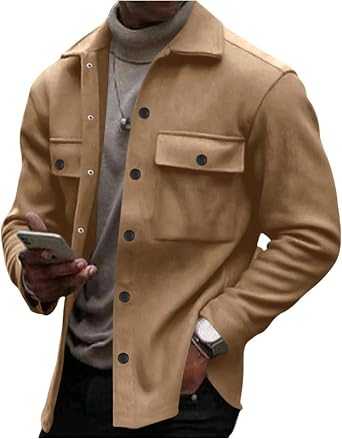 Thatrich Mens Lightweight Shirt Jacket with Pockets Vintage Cargo Jacket Button up Lapel Shirt Slim Business Casual Overshirt