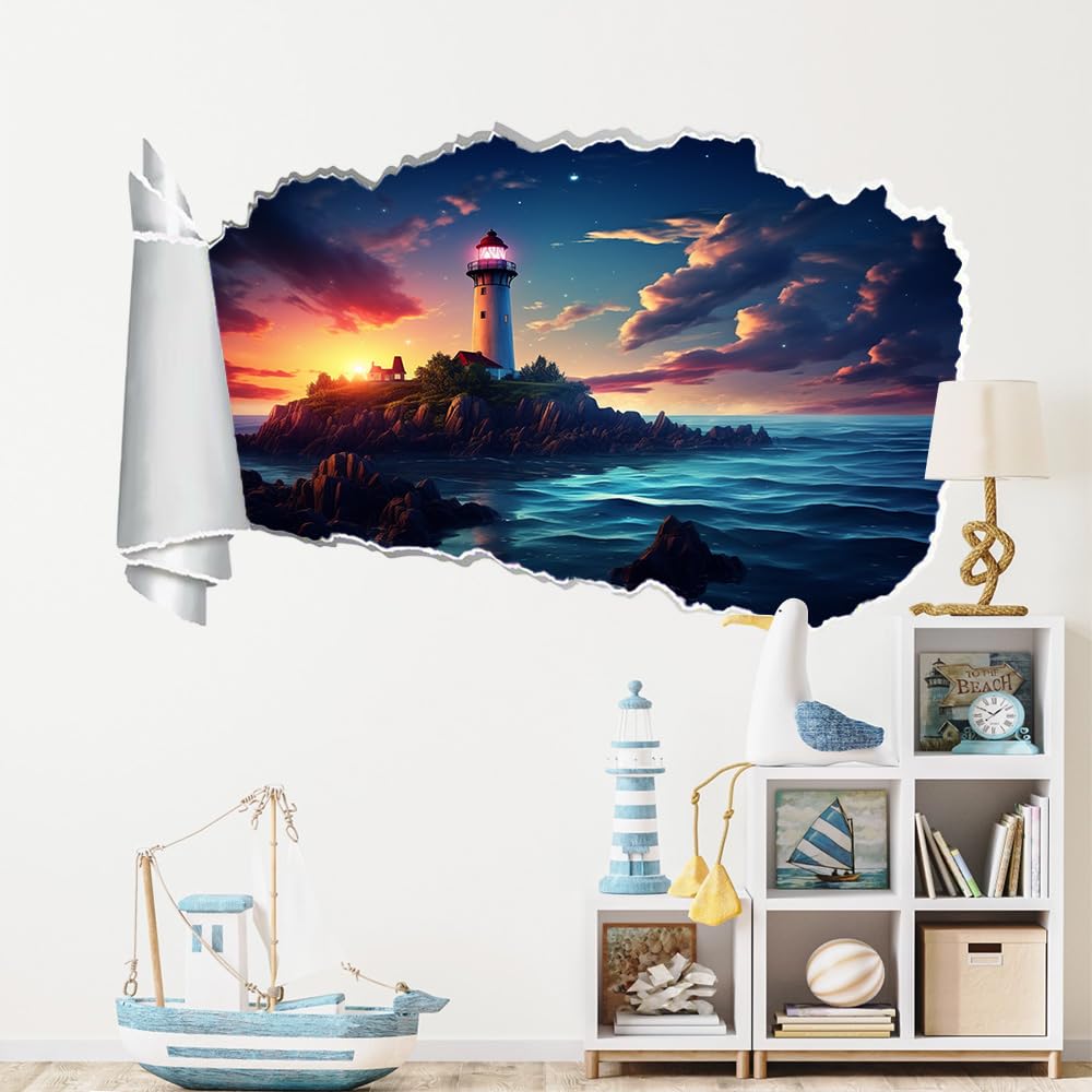 3D Wandtattoo Durchbruch Wanddeko Leuchtturminsel Wanddurchbruch sticker Wandbild Wandsticker Sonnenuntergangsblick Wohnzimmer Wanddeko Wandaufkleber für Kinderzimmer Teenager Zimmer