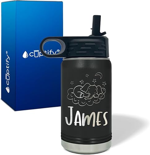 Miniatura 3 de Botella de agua para niños personalizada con nombre en botella de agua aislada con anillo negro mate de 12 onzas