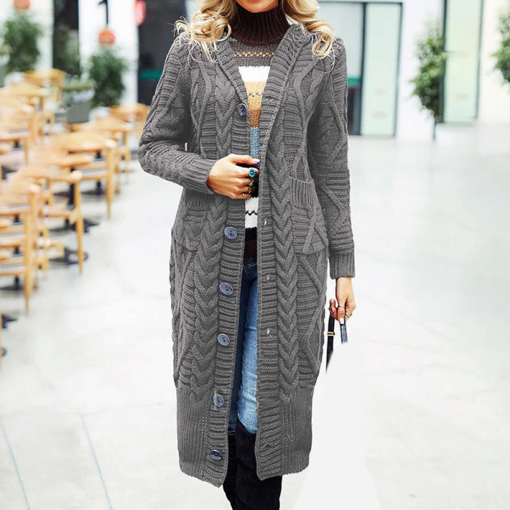Cardigan Femme, Cardigan Femme Vintage Gris Foncé Col V Losange Torsadé Poche Jacquard Mi-Long Manteau En Tricot Doux Printemps Automne Chaud Veste En Tricot Manches Longues Bouton Ouvert Pull Sor