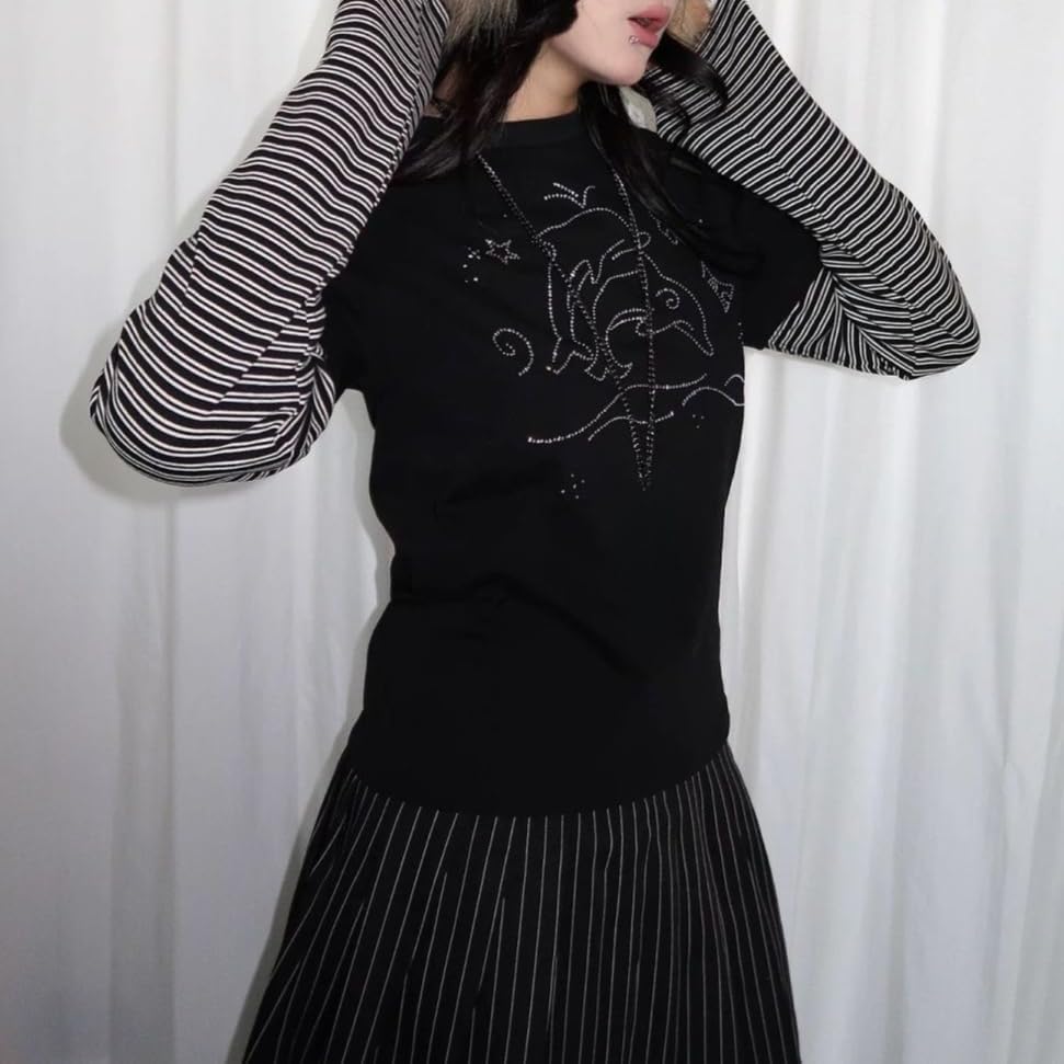 Y2k Flower Long Sleeve Tshirt Teen Girl 2000s Fake Two Piece Cute Striped Graphic Tee Alt Emo Grunge Tops Streetwear - Image 3