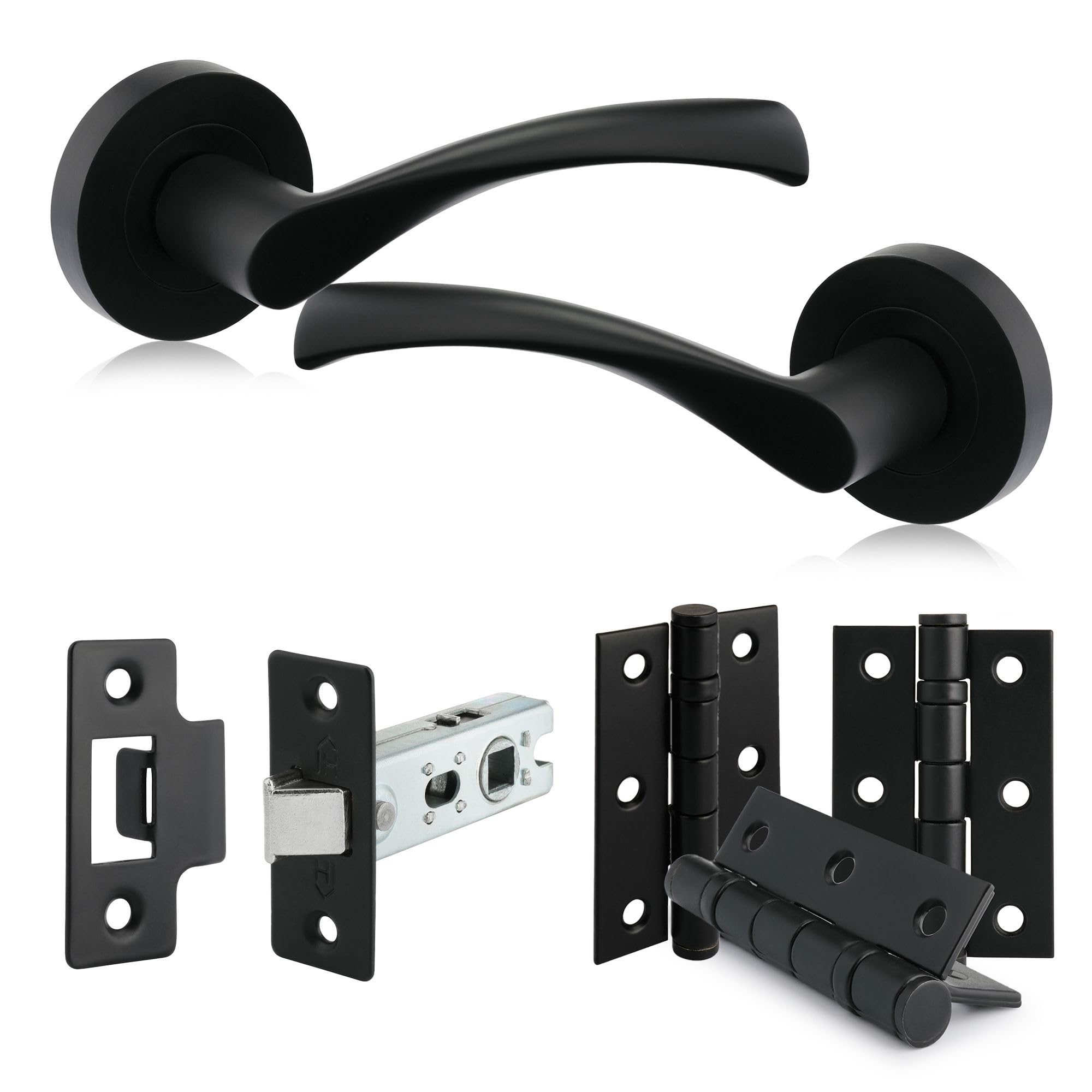 XFORT Warped Door Handle Latch Pack Includes Warped Lever on Rose Door Handles, 65mm Tubular Latch & 3 Hinges, Complete Internal Door Handle Set - Matt Black