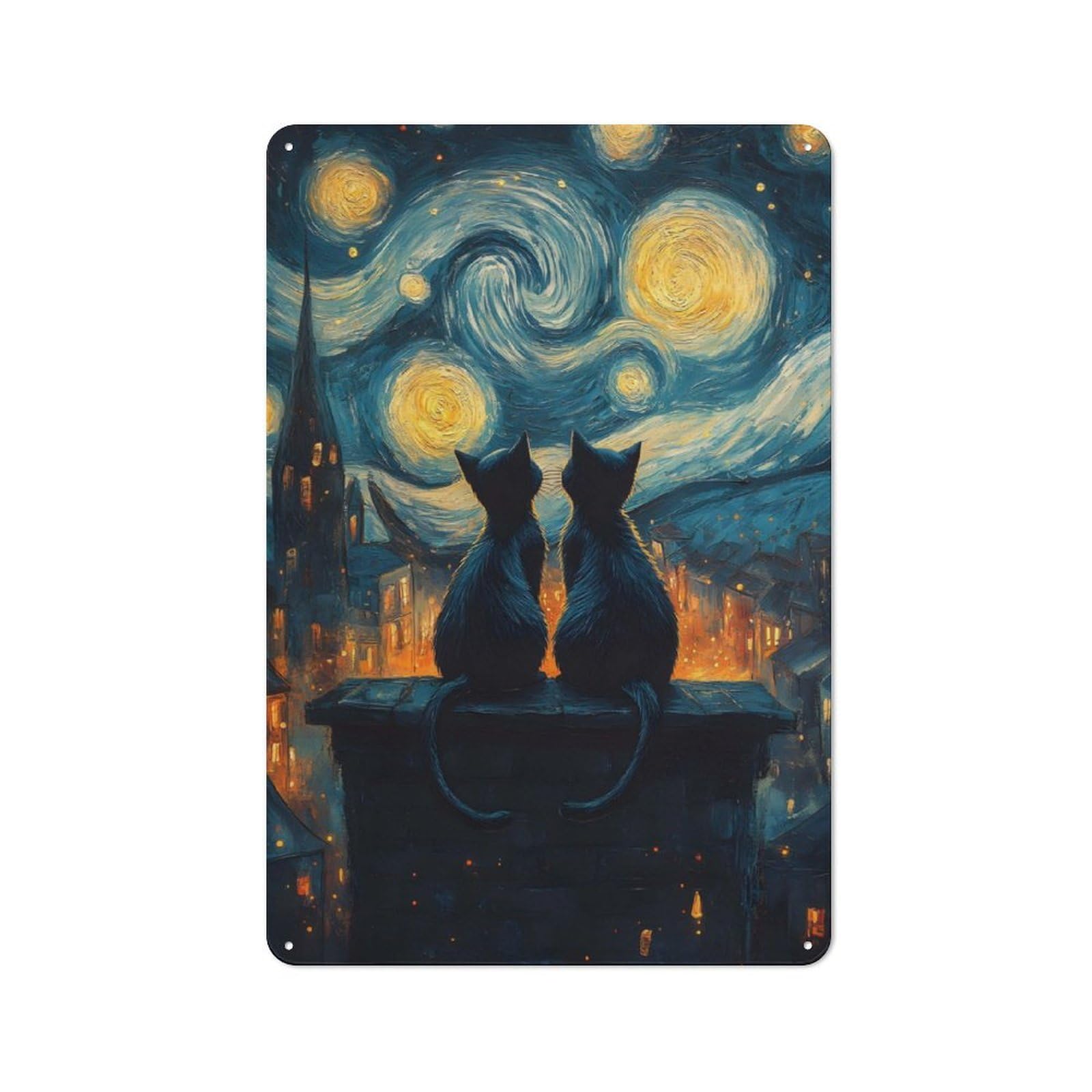 Junmoney Cats Under Starry Night For Lounge Or Reading Corner, Retro Metal Plaque 30X20cm, For Vintage Wall Decor Fans, For Metal Sign Collectors