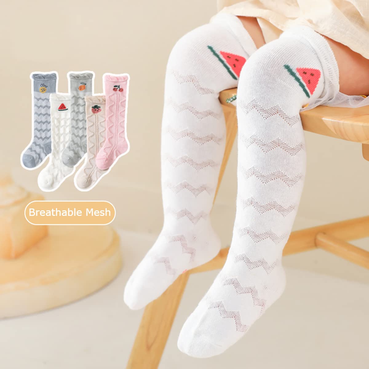 GUCHIGU Unisex Baby Knee High Socks Toddlers Breathable Cute Print Sock Anti-mosquito Long Knit 2 Pair Cotton Ankle Socks for Little Kids Boys Girls (Multicolor A-D, 6-36 Months, Pack of 2)