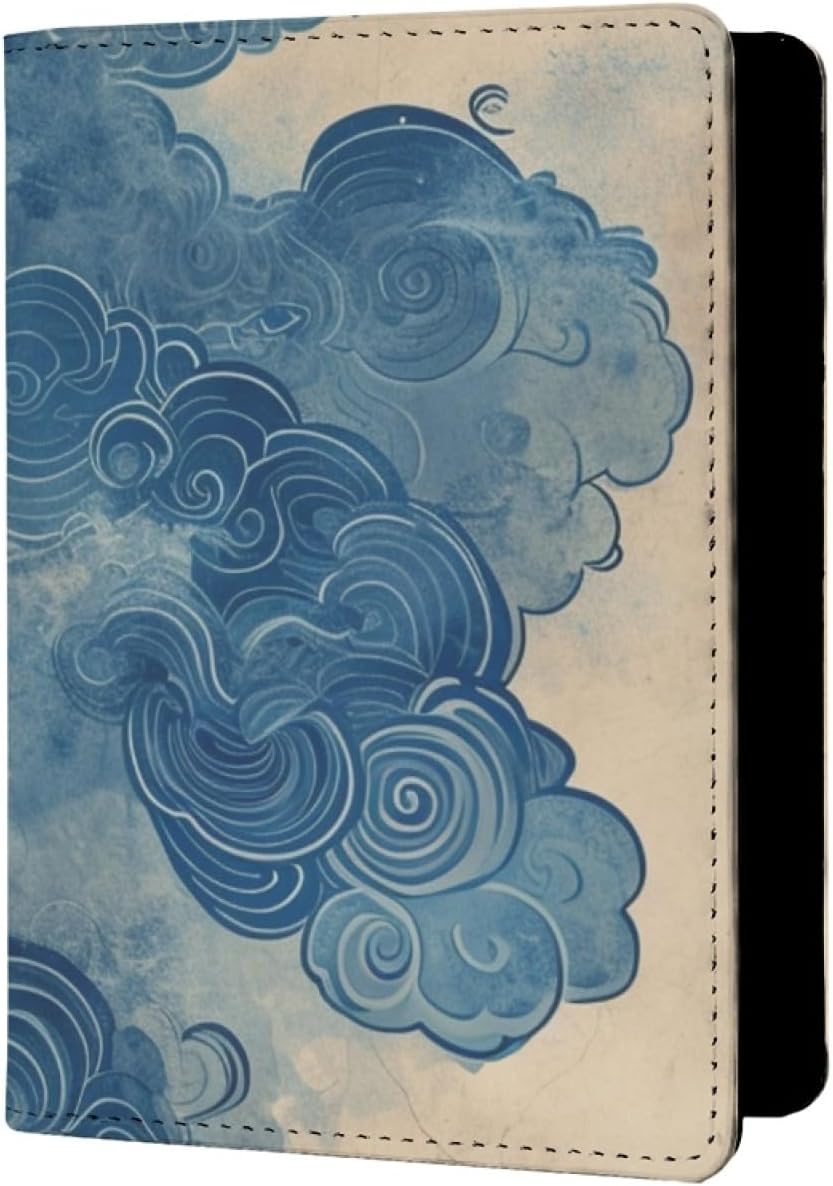 Japanese Leaves Passport Cover RFID Blocking PU Cover Wallet Beige Blue S image 5