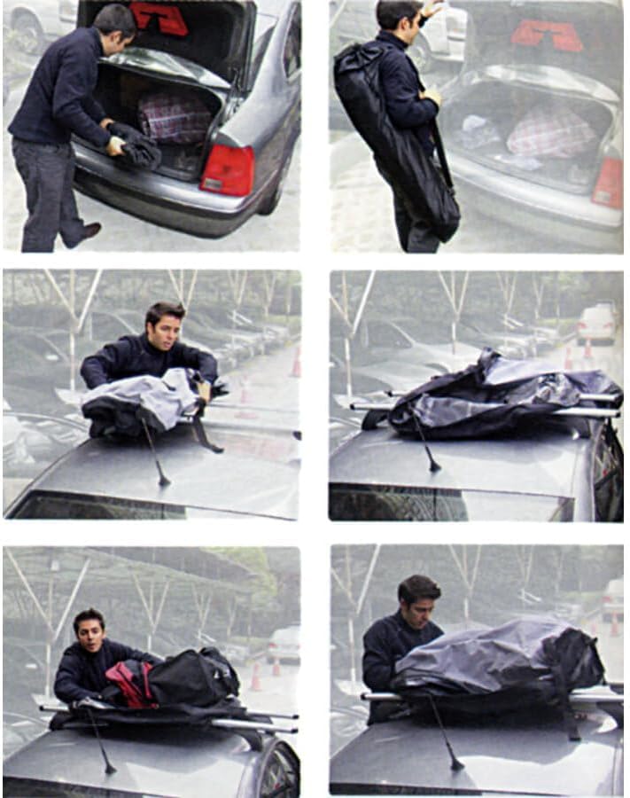 Series of images showing a person installing the Sherpack roof box on a car