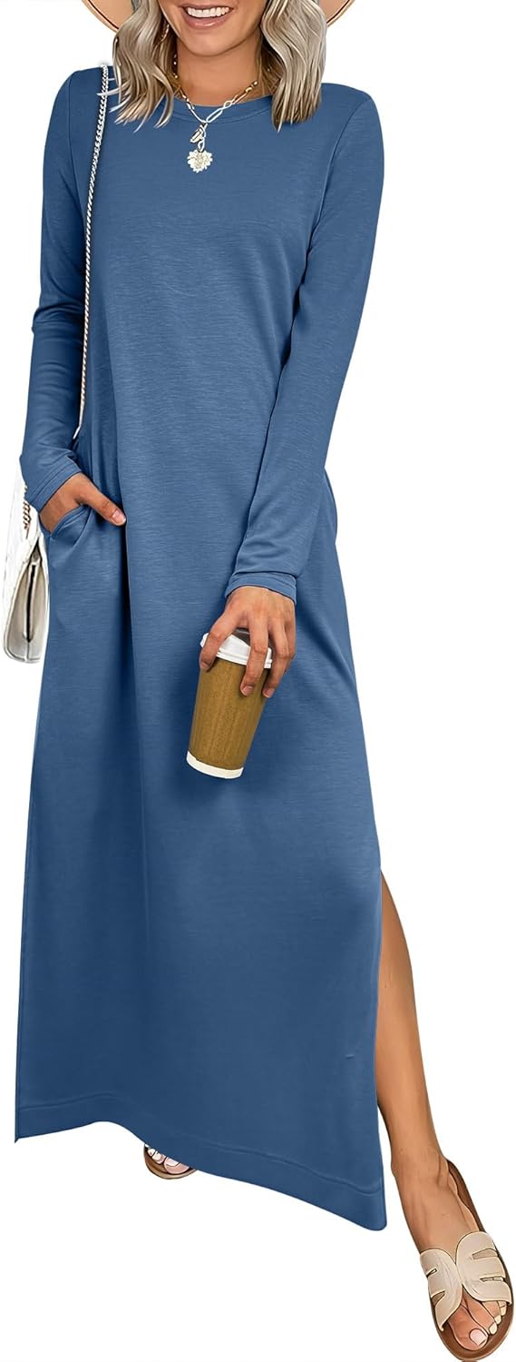 ANRABESS Women Long Sleeve Dresses 2025 Fall Casual Crewneck Loose Fit Split Flowy Wrinkle-Free Travel Vacation Maxi Dress