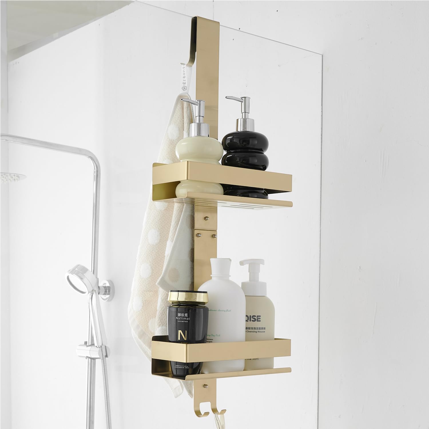 NEWRAIN Shower Caddy Hanging, Over Door Stainless Steel Double Layer Shower Shelf
