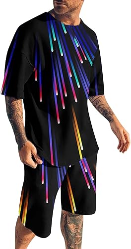 Mens Two Piece Outfits Sets Lightweight Relaxed-Fit Graphic Short Sleeve Shirts Printed Shorts Breathable Tracksuit