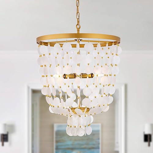 Wellmet Capiz - Lámpara colgante costera para comedor, 6 luces, lámpara de conchas de playa, lámpara dorada para dormitorio, baño, cocina,