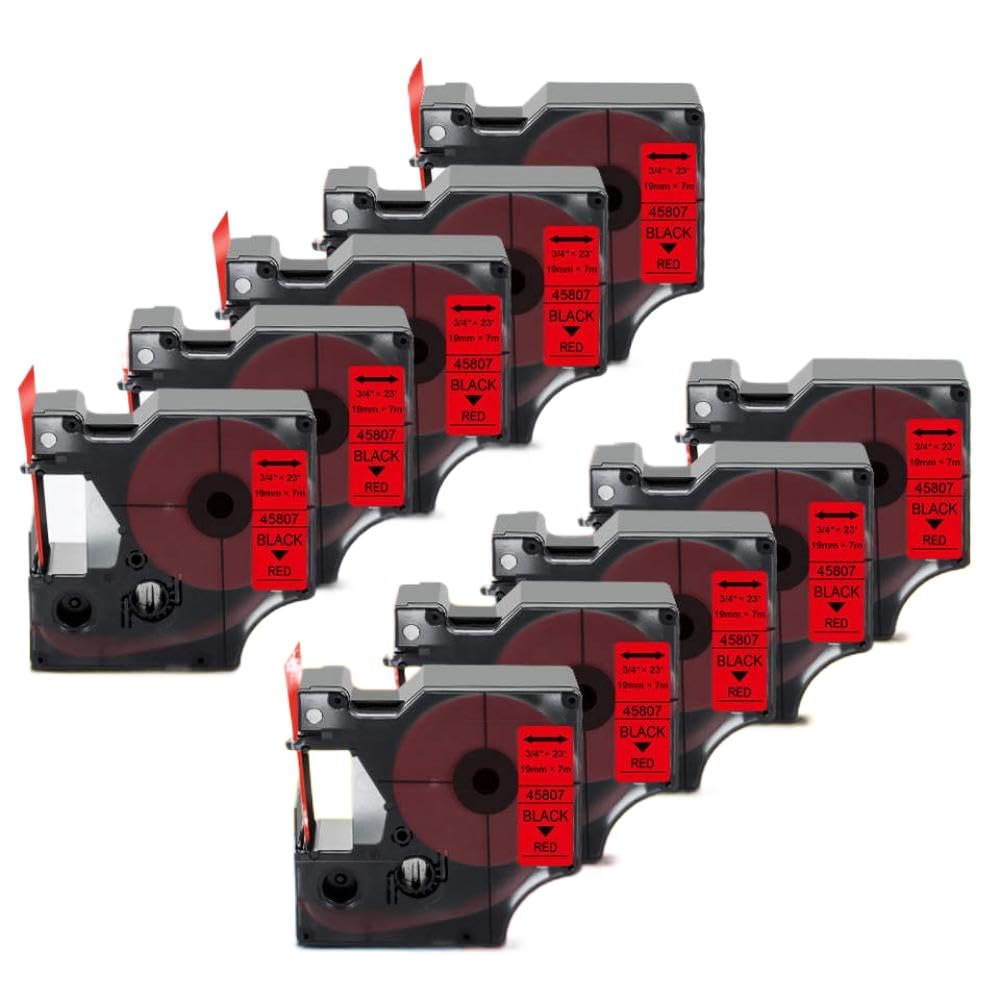 Ruban d'étiquettes D1 45803, 19mm, Compatible avec l'imprimante LabelManager 420P LabelPoint 350, 10 paquets(Black on Red)