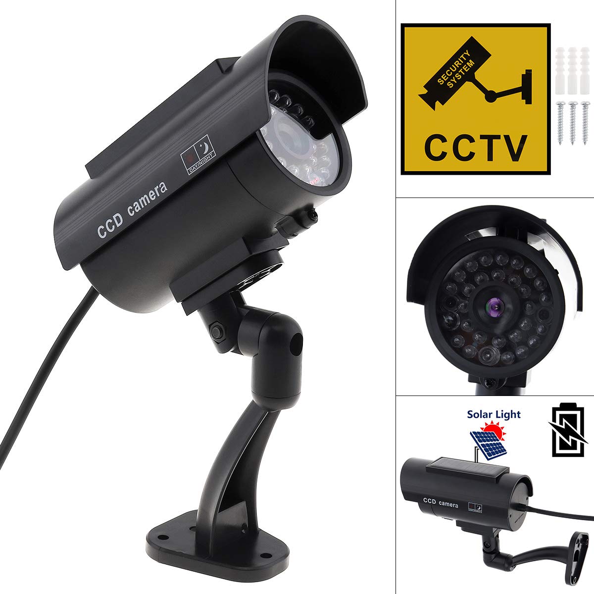 BW Dummy Camera Black Waterproof Dummy CCTV Security Camera Solar Powered Imitation Camera Simulation Gun-type Surveillance Camera with Light for Monitoring