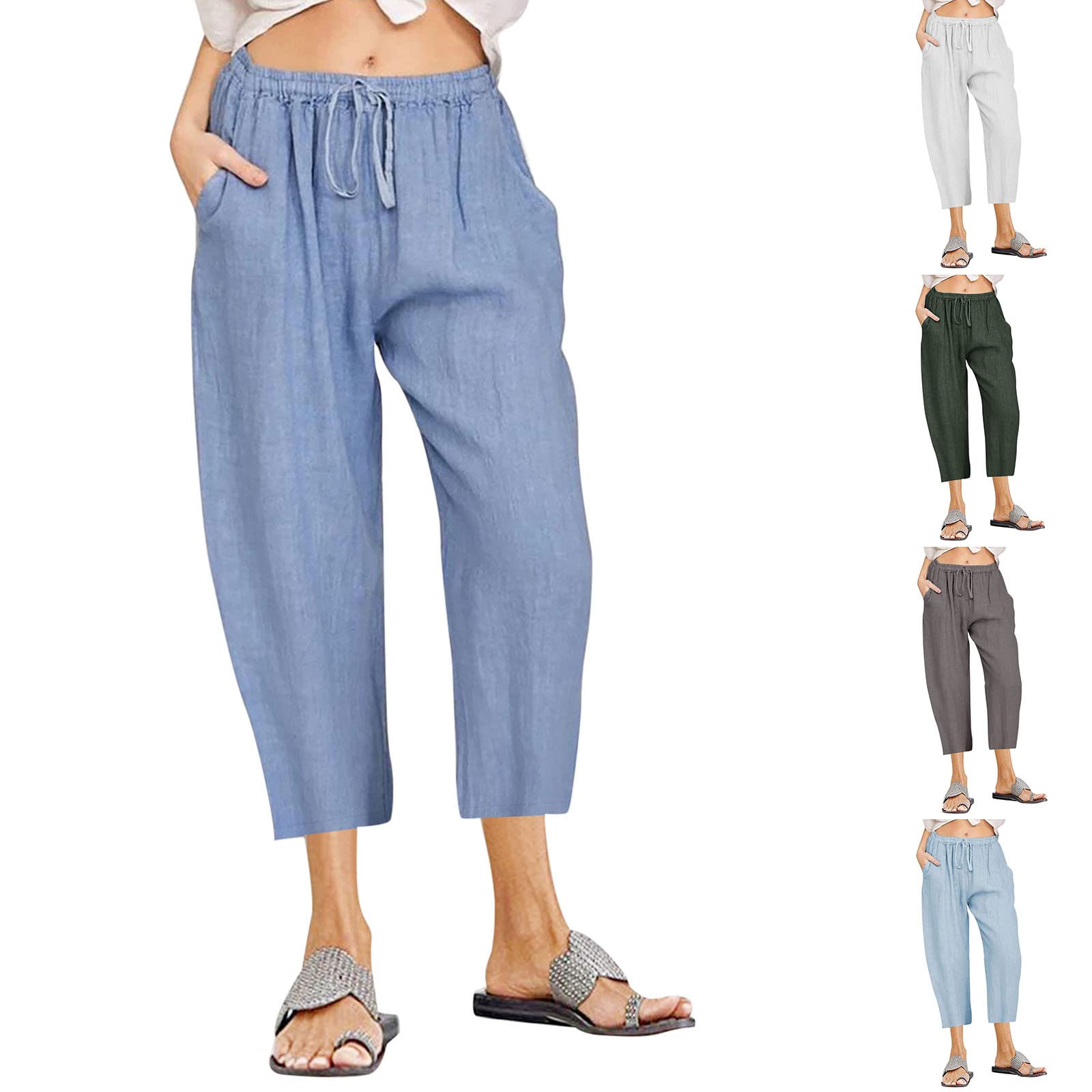 ZDRZKLightweight Summer Pants Women Casual Cotton Linen Cropped Pants Elastic Waist Drawstring Wide Leg Capris Trousers