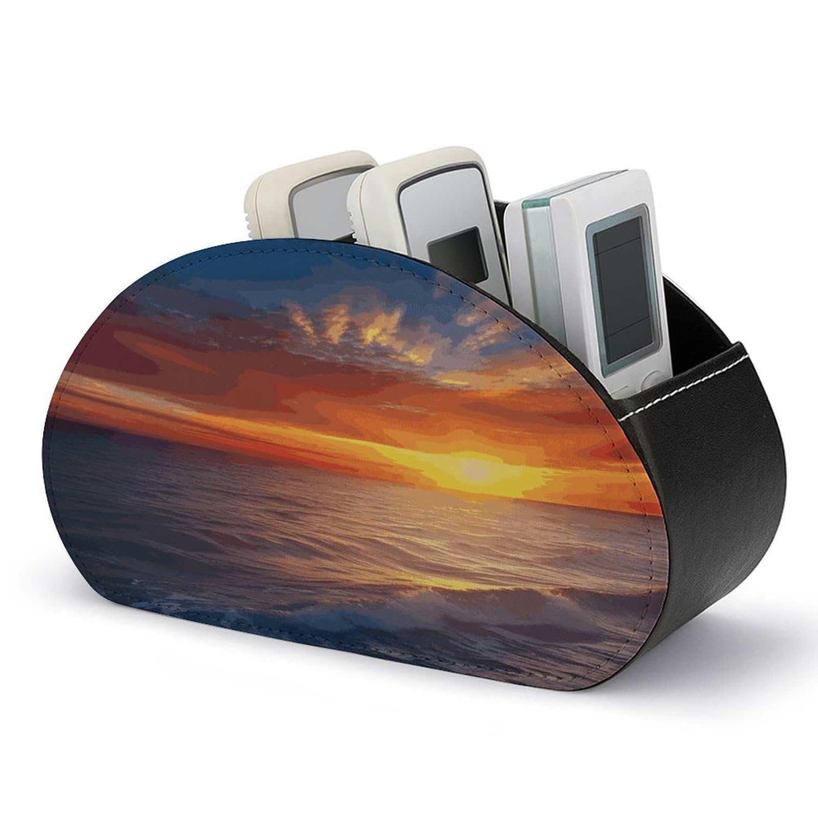 FekiLoot Sea And Sunset Remote Control Holder, PU Leather Remote Control Organizer Box Stationery Remote Control Box Desk Storage Organizer for DVDs,Glasses,Pens,Media Players